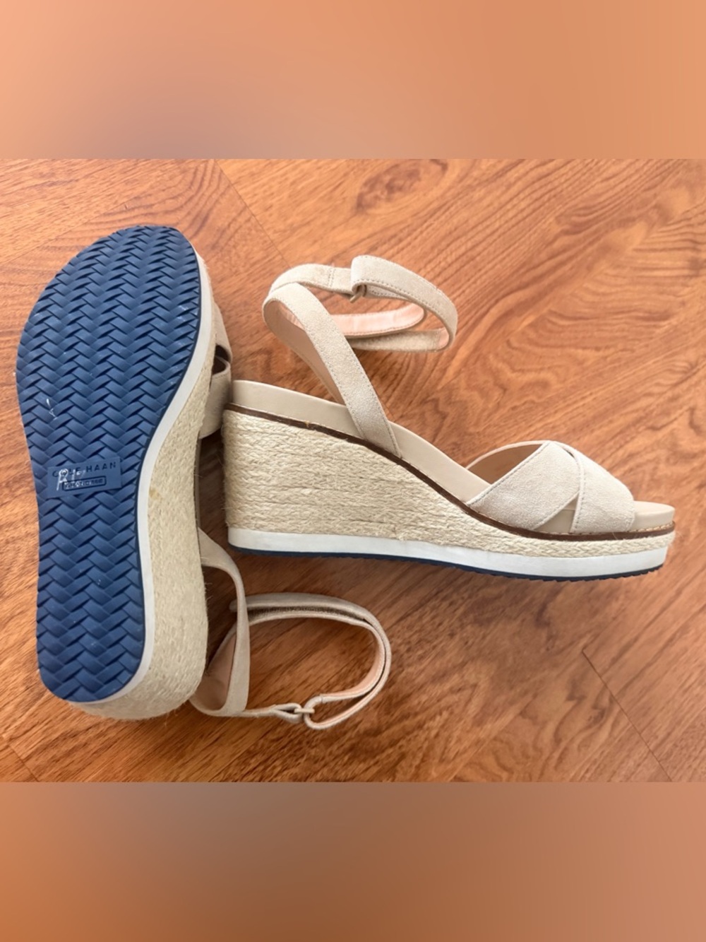 Cole Haan Beige Espadrille Wedge Sandals with Navy Outsole
